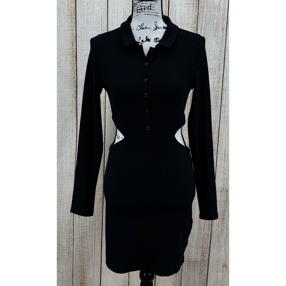 Urban‎ Outfitters Sz Small Black Ribbed Collared Cutout Gwen Mini Polo Dress NWT
